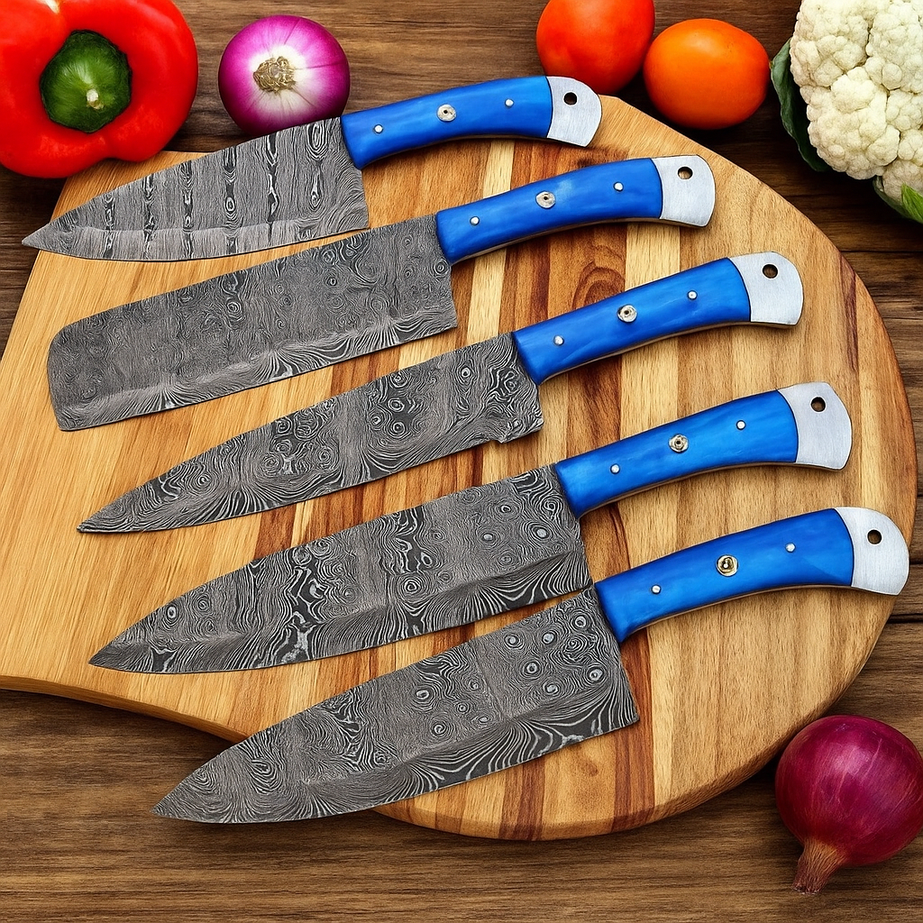 Handmade Damascus Steel Chef Knife: Blue Resin Handle, Professional Kitchen Cutlery