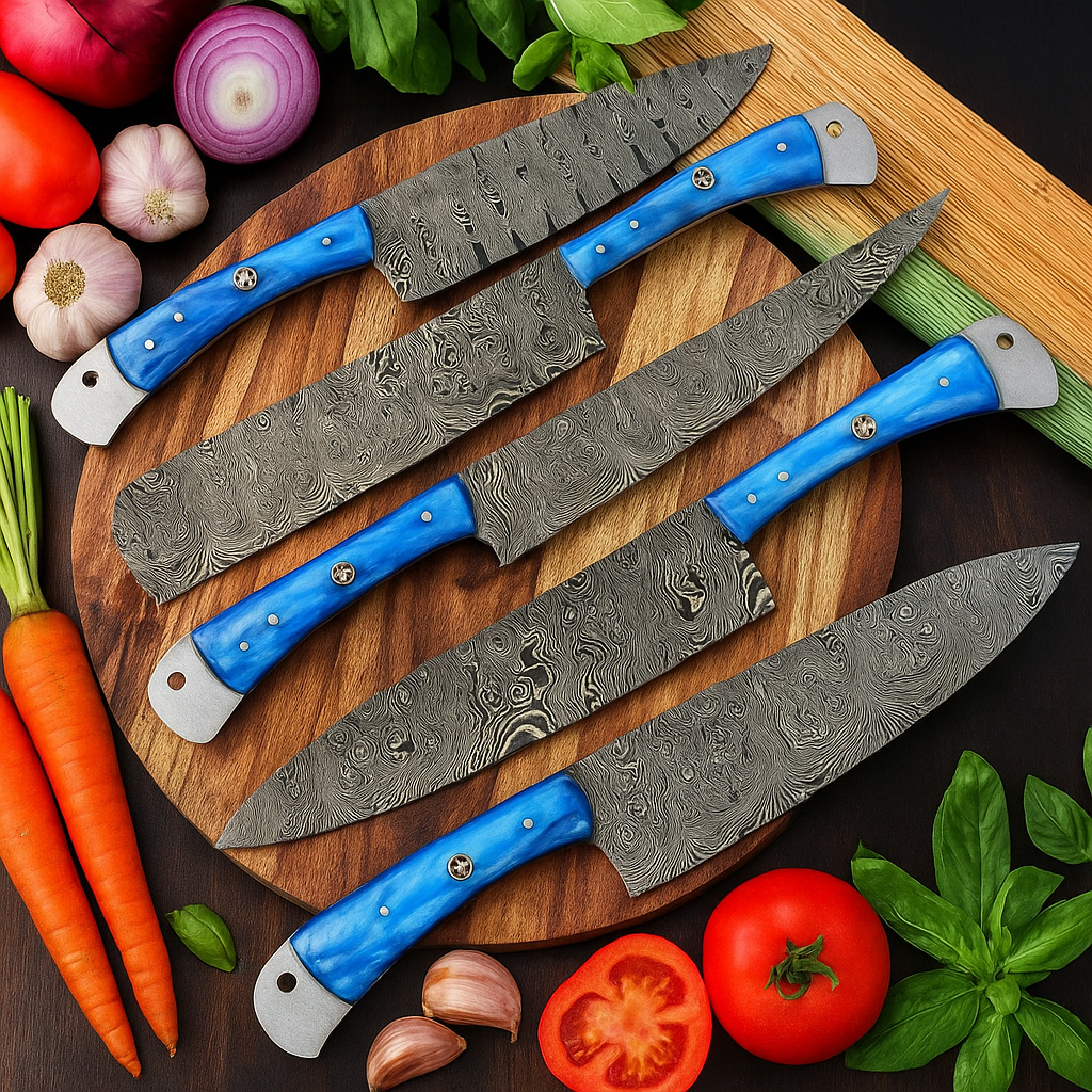 Handmade Damascus Steel Chef Knife: Blue Resin Handle, Professional Kitchen Cutlery
