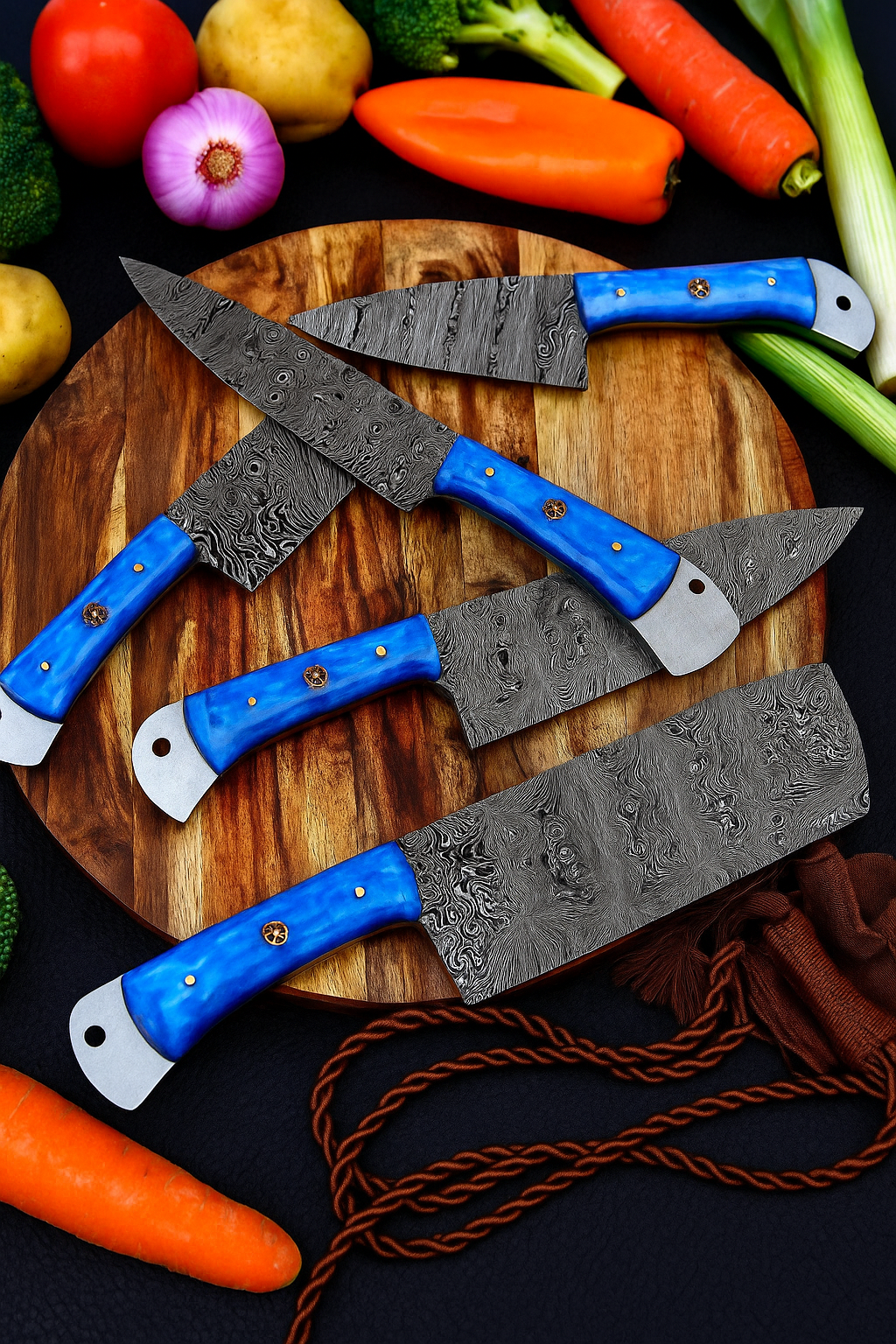 Handmade Damascus Steel Chef Knife: Blue Resin Handle, Professional Kitchen Cutlery