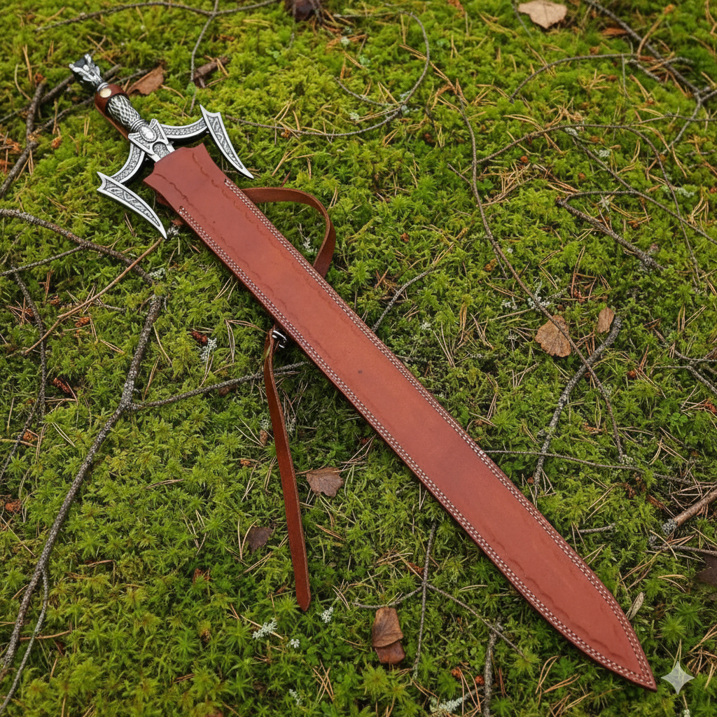 Handmade Damascus Barbarian Sword – Medieval Double Edge Steel Blade with Leather Scabbard
