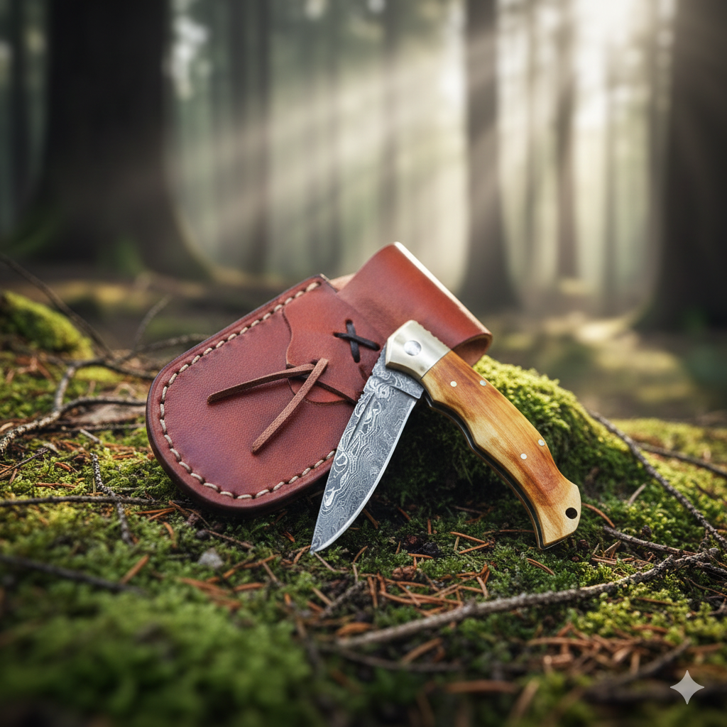 The Artisan’s Edge: Custom Damascus Steel Folder – Ebony Wood & Polished Brass