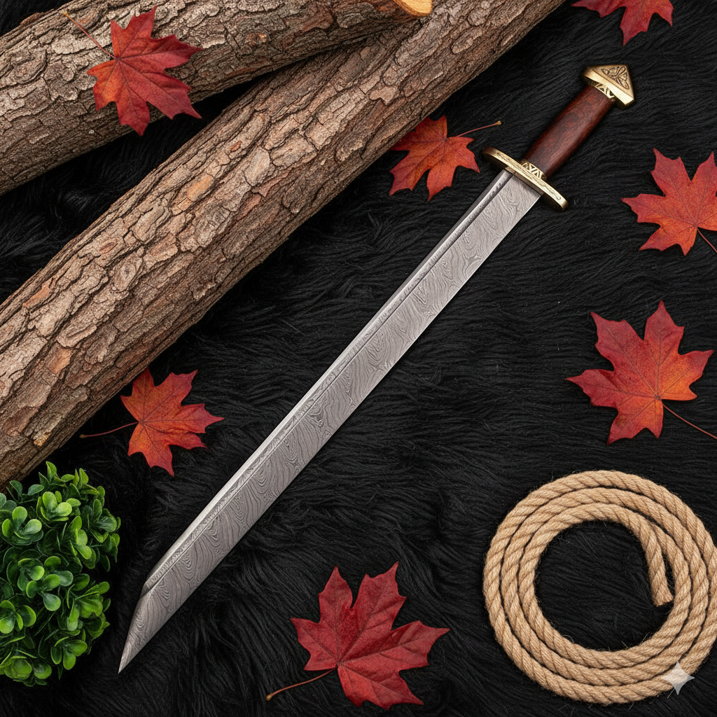 . 32 Inch Handmade Damascus Steel Viking Langseax Sword – Medieval Historical Replica with Leather Scabbard