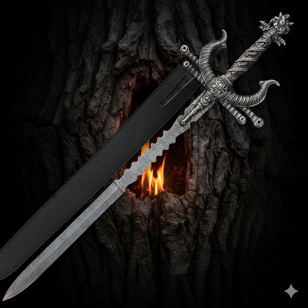 Handmade Damascus Steel Viking Master Sword with Leather Sheath – Custom Forged Norse Battle Blade for Collectors and Display