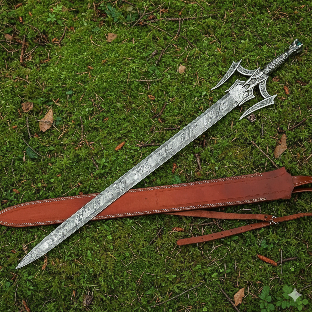 Handmade Damascus Barbarian Sword – Medieval Double Edge Steel Blade with Leather Scabbard