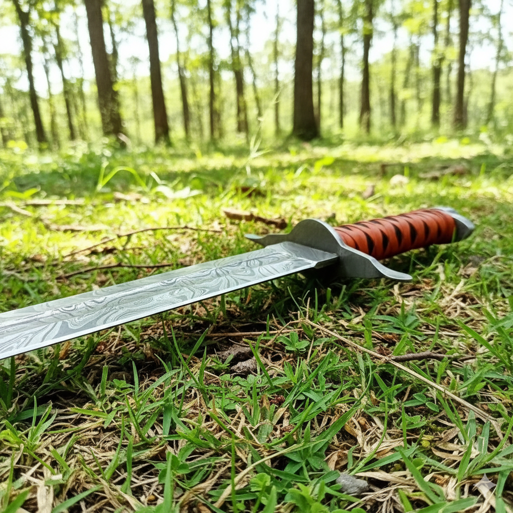 Custom Handmade Damascus Steel Sword with Leather Sheath — Hand-Forged Collector’s Blade