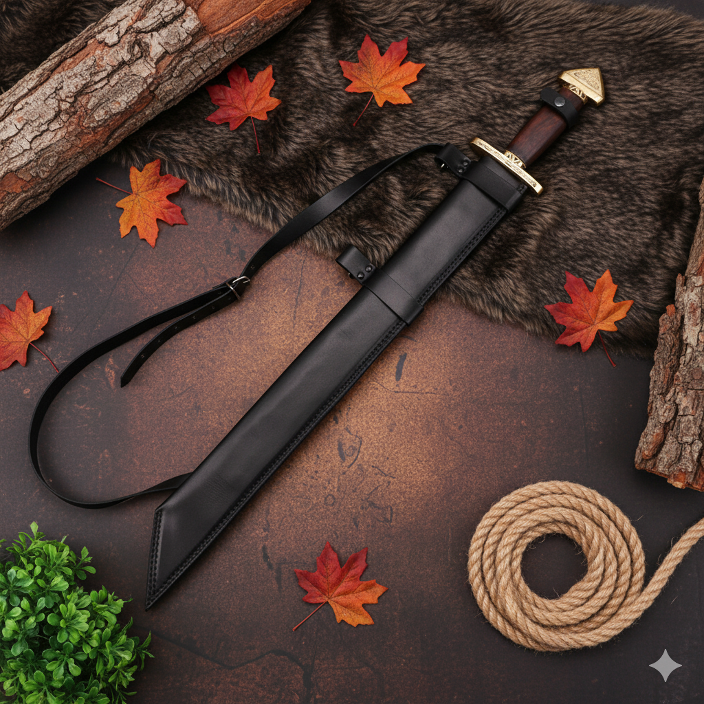 . 32 Inch Handmade Damascus Steel Viking Langseax Sword – Medieval Historical Replica with Leather Scabbard