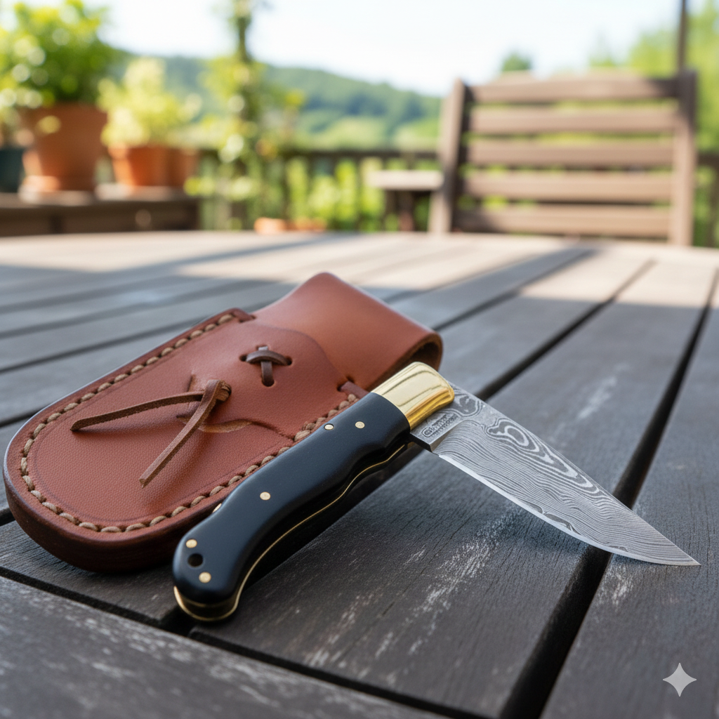 The Artisan’s Edge: Custom Damascus Steel Folder – Ebony Wood & Polished Brass