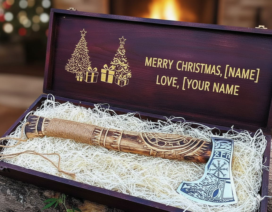 Handcrafted Engraved Viking-Style Axe with Personalized Wooden Gift Box | Premium Decorative Hatchet Gift