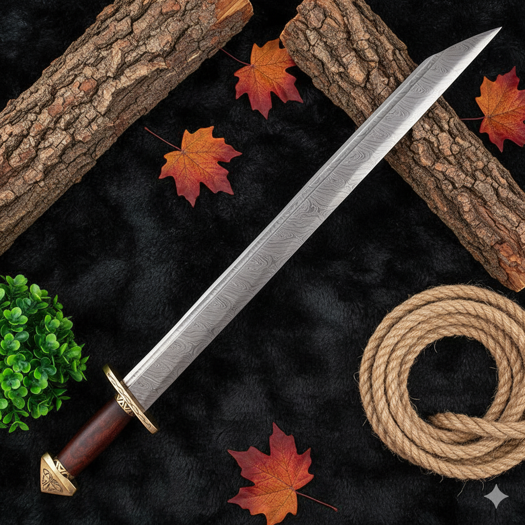 . 32 Inch Handmade Damascus Steel Viking Langseax Sword – Medieval Historical Replica with Leather Scabbard
