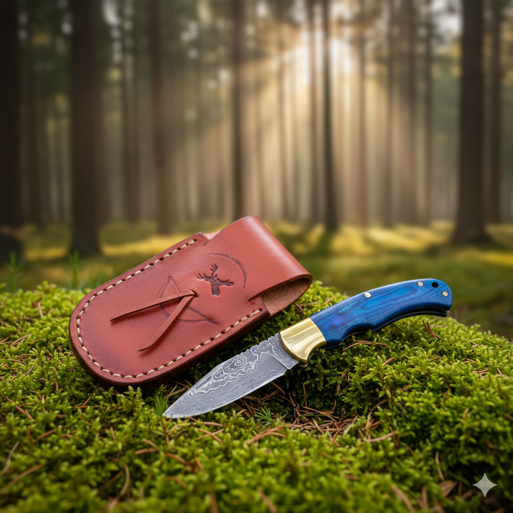 The Artisan’s Edge: Custom Damascus Steel Folder – Ebony Wood & Polished Brass