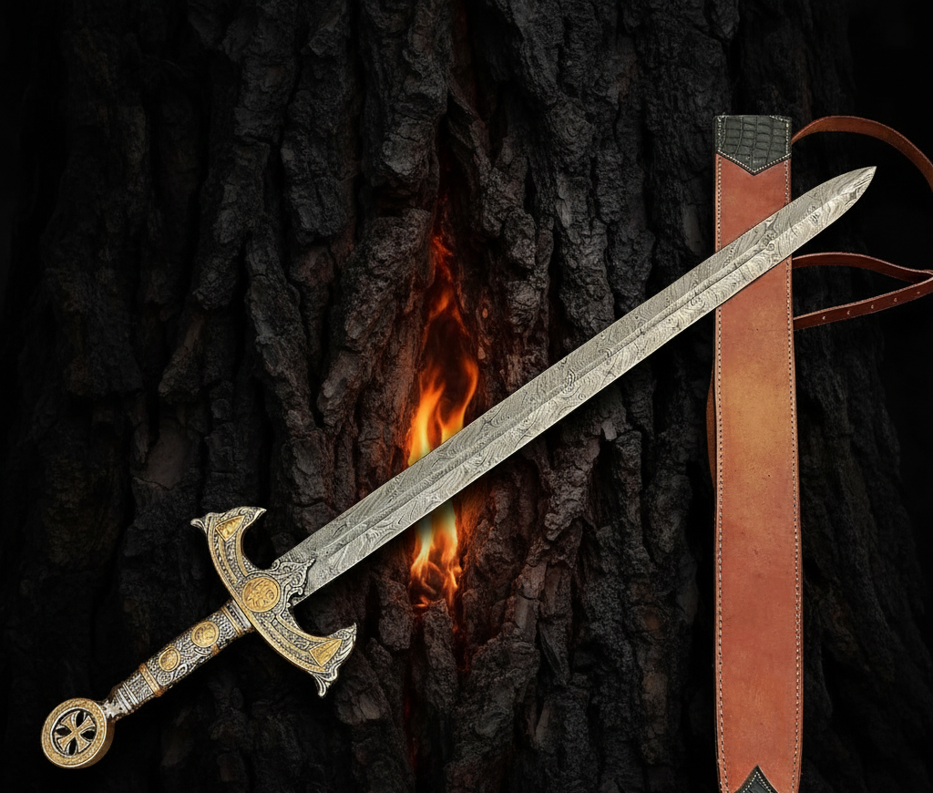 Handmade Medieval Templar Knights Sword – Sacred Holy Damascus Longsword with Leather Sheath | Crusader Collectible Sword | Medieval Gift for Him