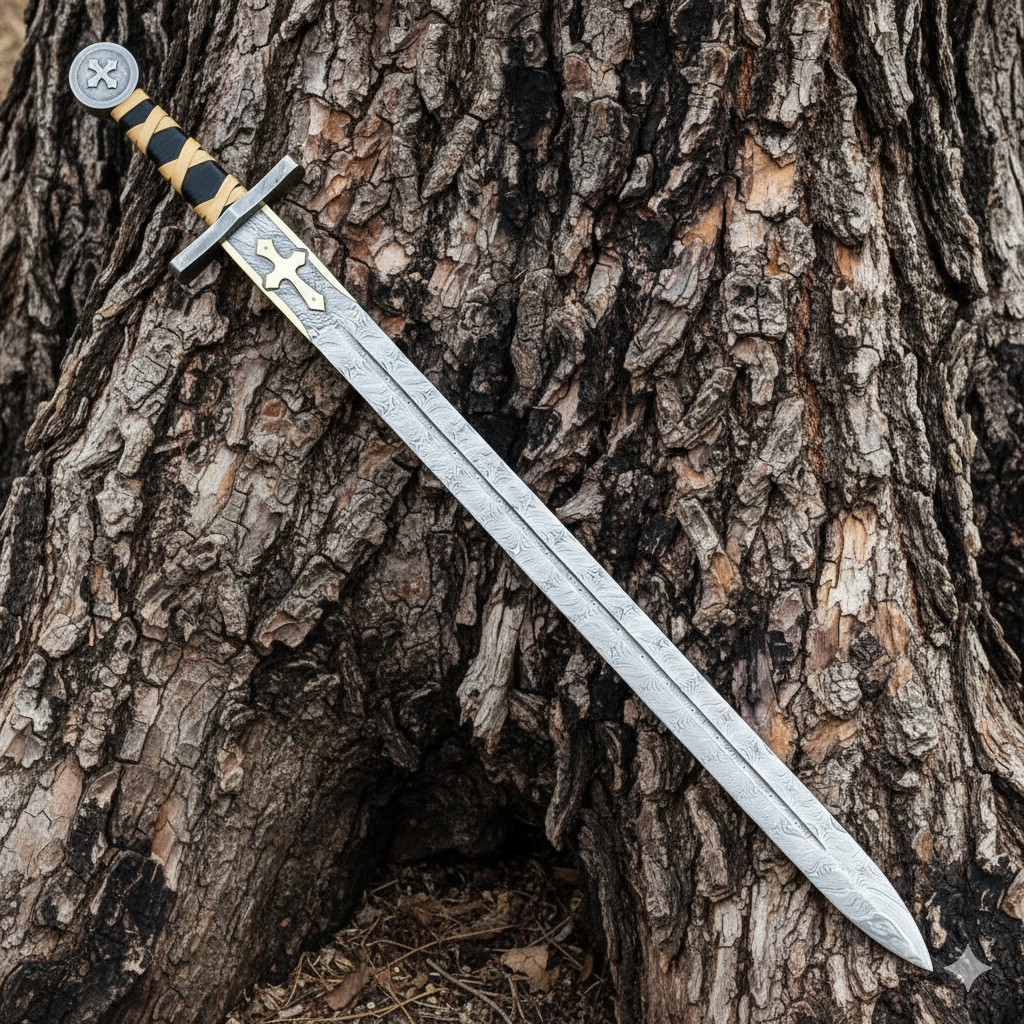 Handmade Damascus Steel Long Sword – Viking Style Sword with Leather Sheath