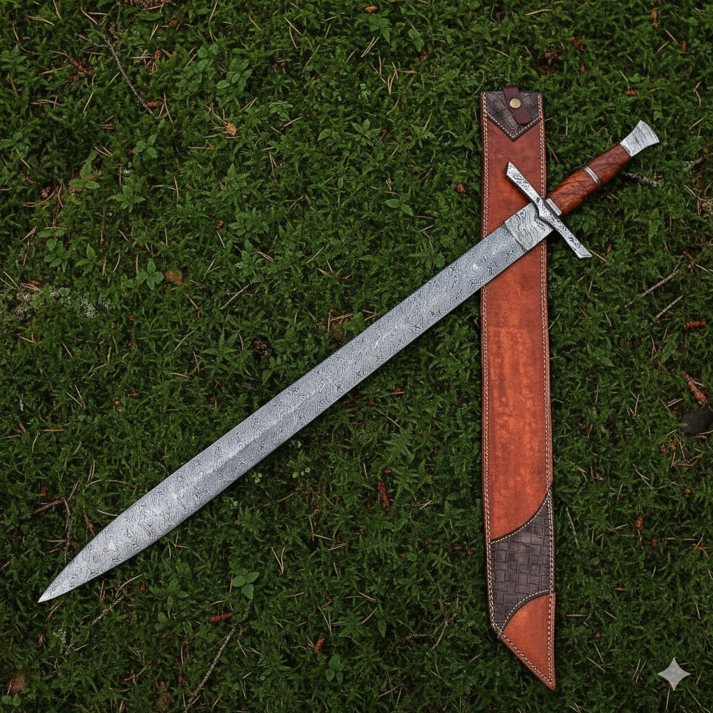 Handmade Medieval Viking Sword – Damascus Steel Double Edge Blade with Leather Scabbard