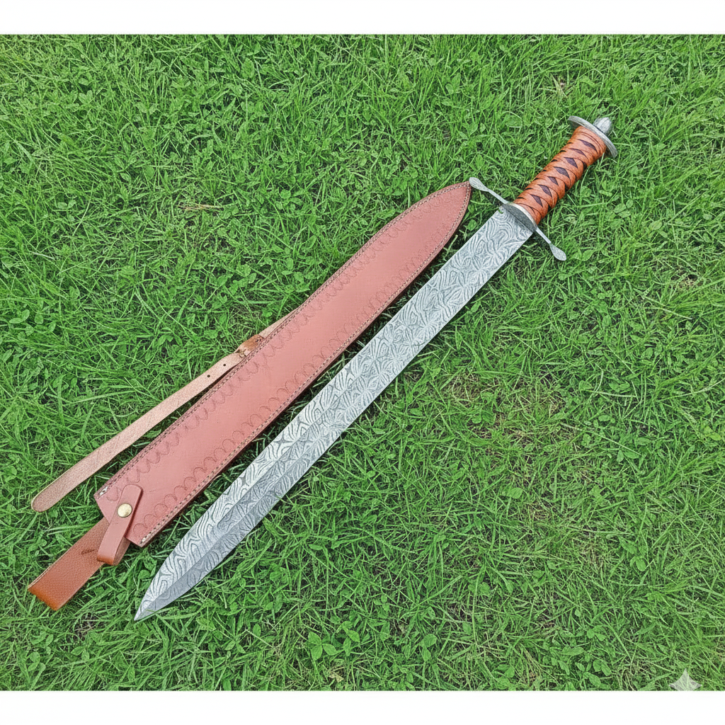 Custom Handmade Damascus Steel Sword with Leather Sheath — Hand-Forged Collector’s Blade