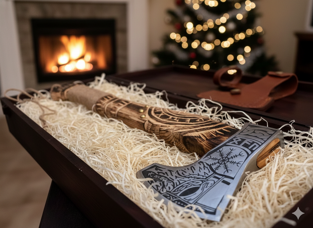 Handcrafted Engraved Viking-Style Axe with Personalized Wooden Gift Box | Premium Decorative Hatchet Gift