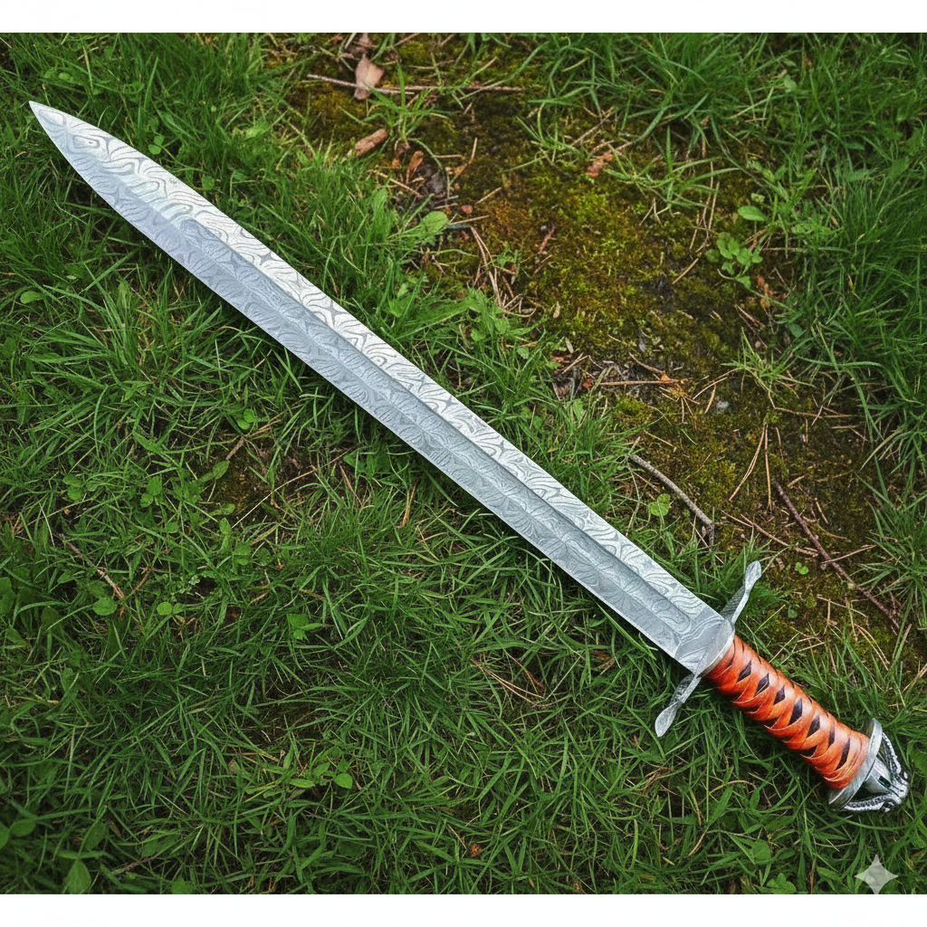 Custom Handmade Damascus Steel Sword with Leather Sheath — Hand-Forged Collector’s Blade