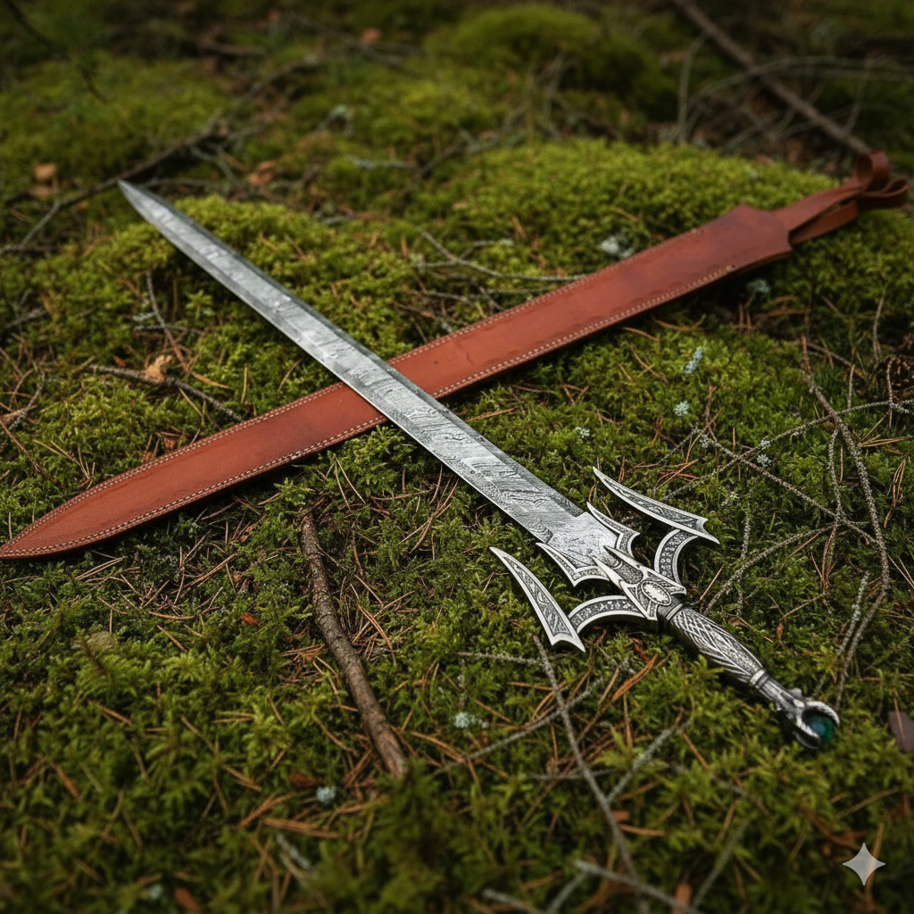 Handmade Damascus Barbarian Sword – Medieval Double Edge Steel Blade with Leather Scabbard