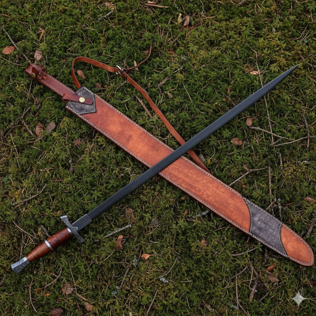Handmade Medieval Viking Sword – Damascus Steel Double Edge Blade with Leather Scabbard