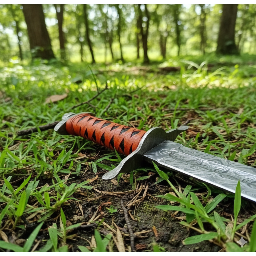 Custom Handmade Damascus Steel Sword with Leather Sheath — Hand-Forged Collector’s Blade