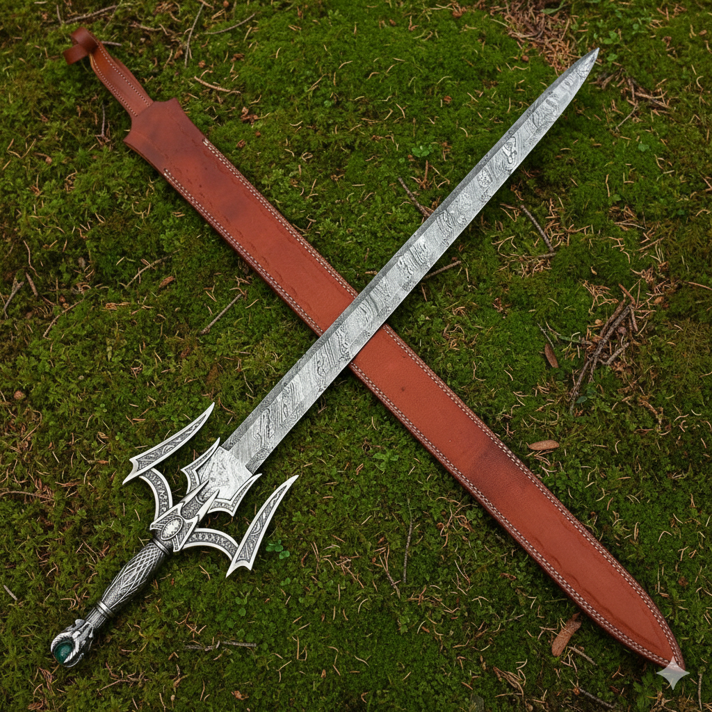 Handmade Damascus Barbarian Sword – Medieval Double Edge Steel Blade with Leather Scabbard