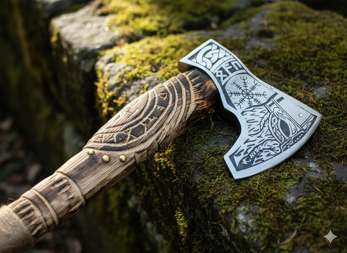 Handcrafted Engraved Viking-Style Axe with Personalized Wooden Gift Box | Premium Decorative Hatchet Gift