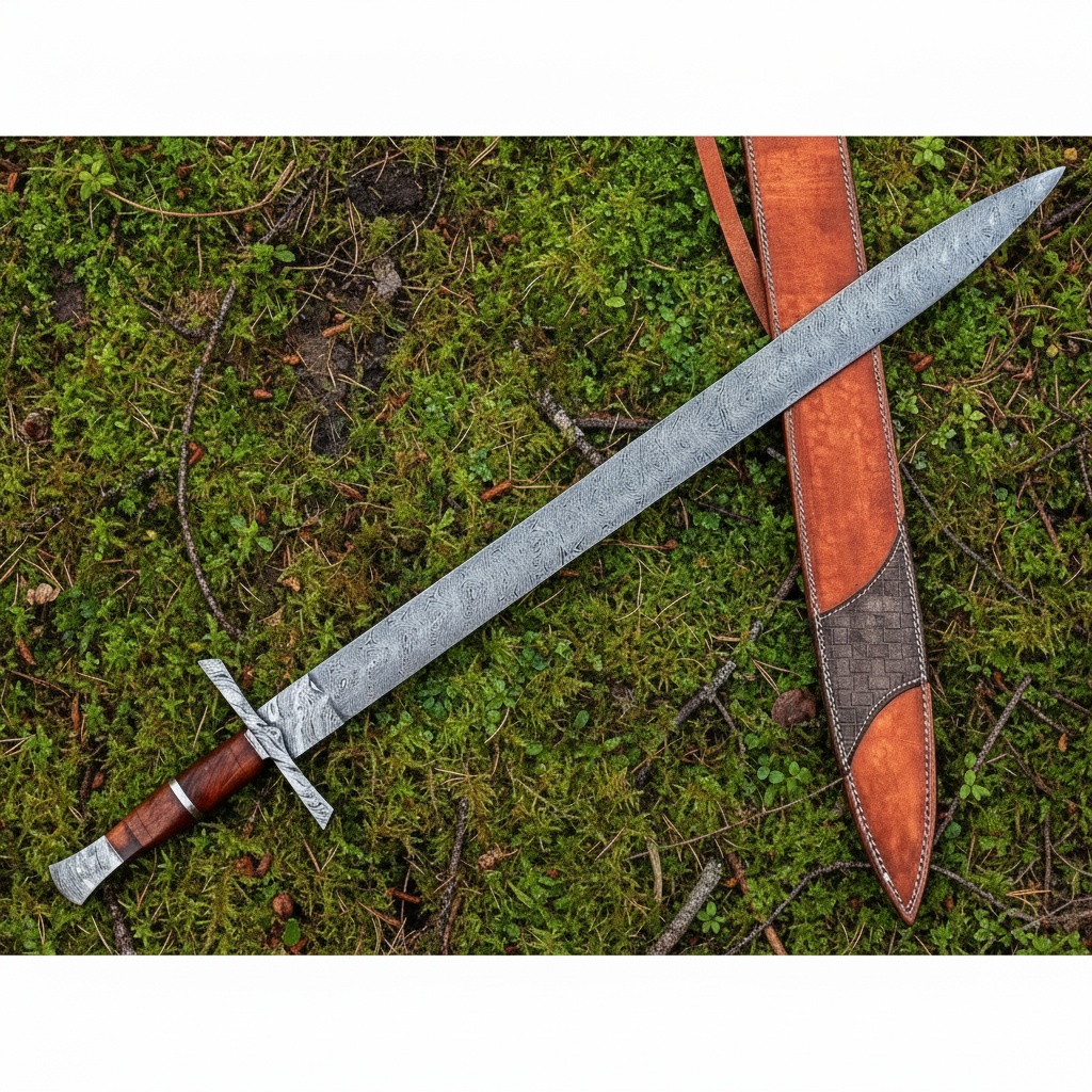 Handmade Medieval Viking Sword – Damascus Steel Double Edge Blade with Leather Scabbard