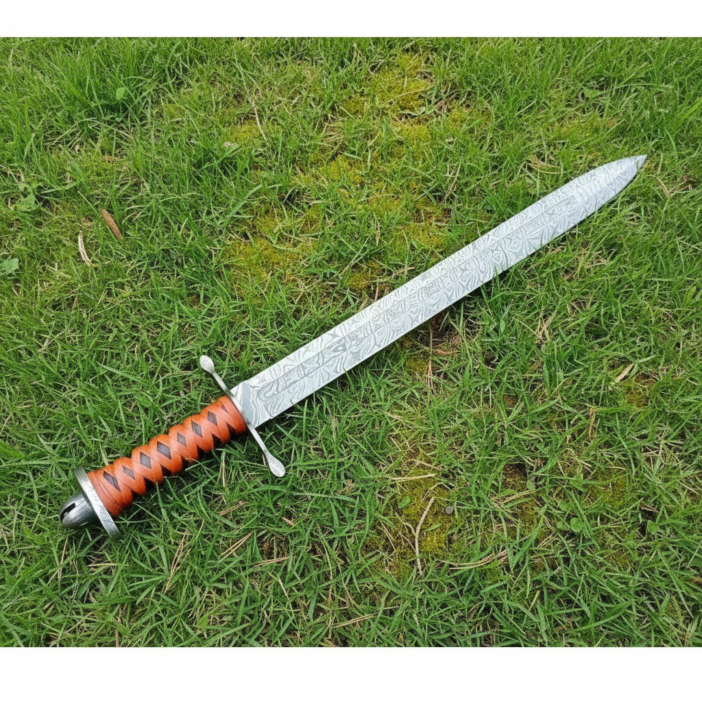 Custom Handmade Damascus Steel Sword with Leather Sheath — Hand-Forged Collector’s Blade