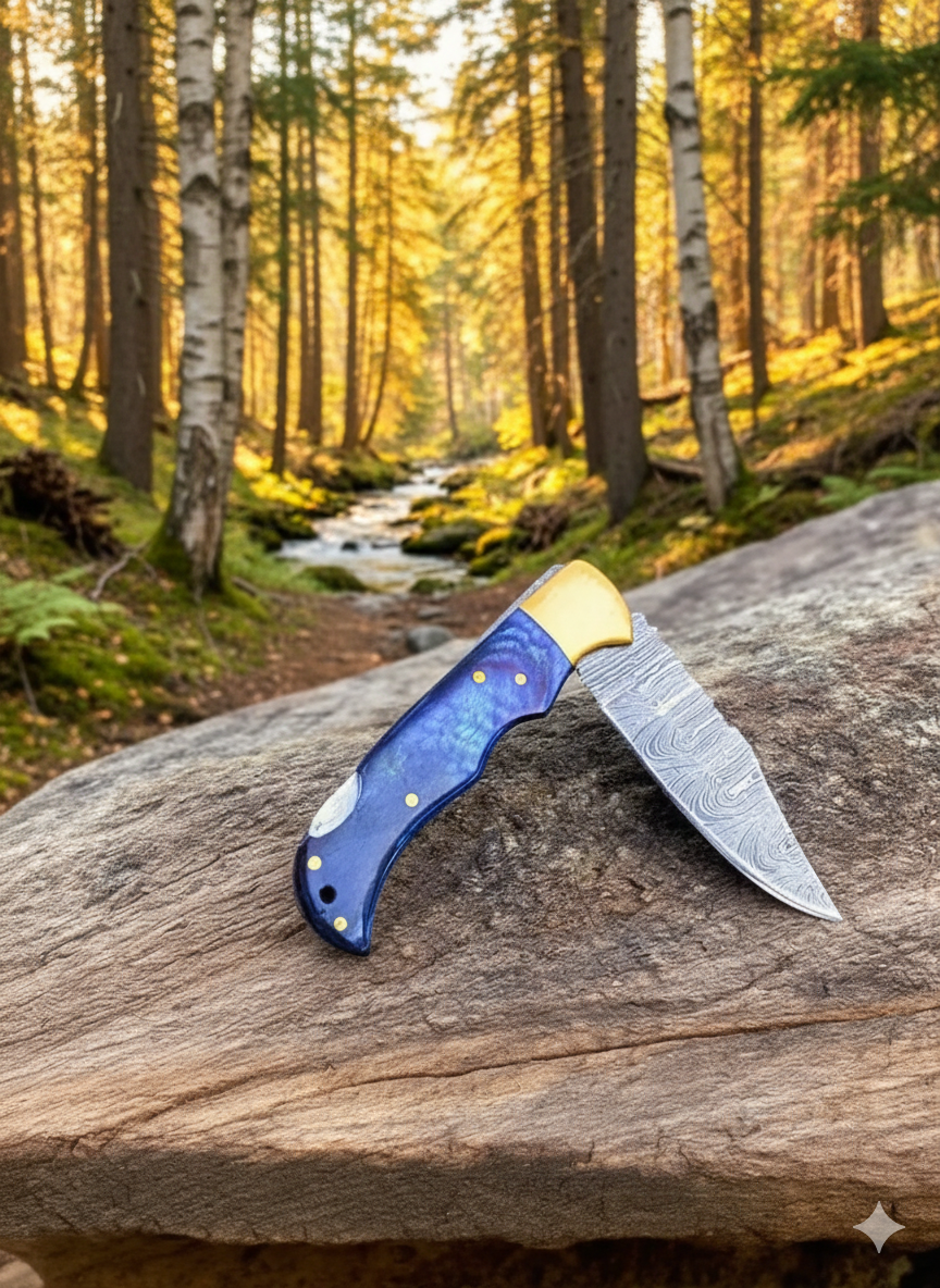 The Artisan’s Edge: Custom Damascus Steel Folder – Ebony Wood & Polished Brass