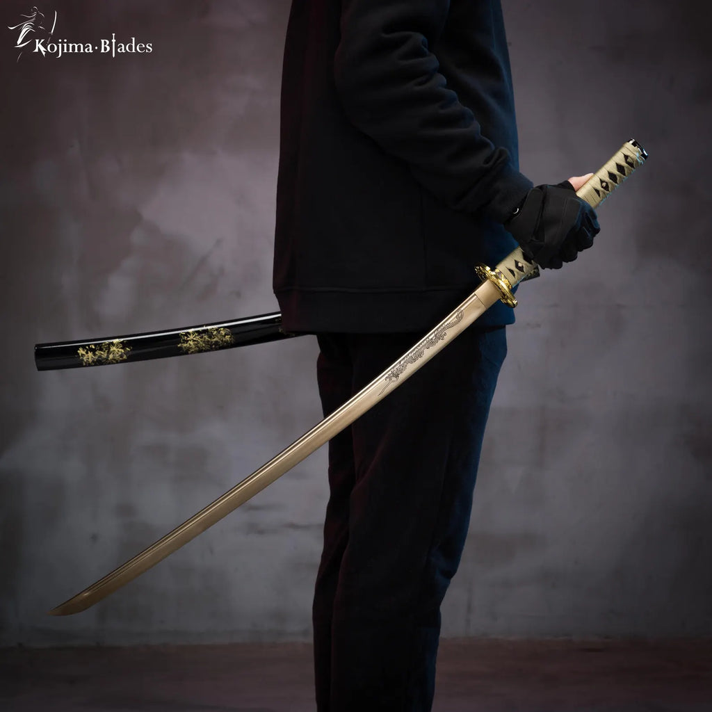 Handcrafted Gold-Tone Katana Sword | Traditional Samurai Style with Black & Gold Scabbard | Decorative Collectible Sword