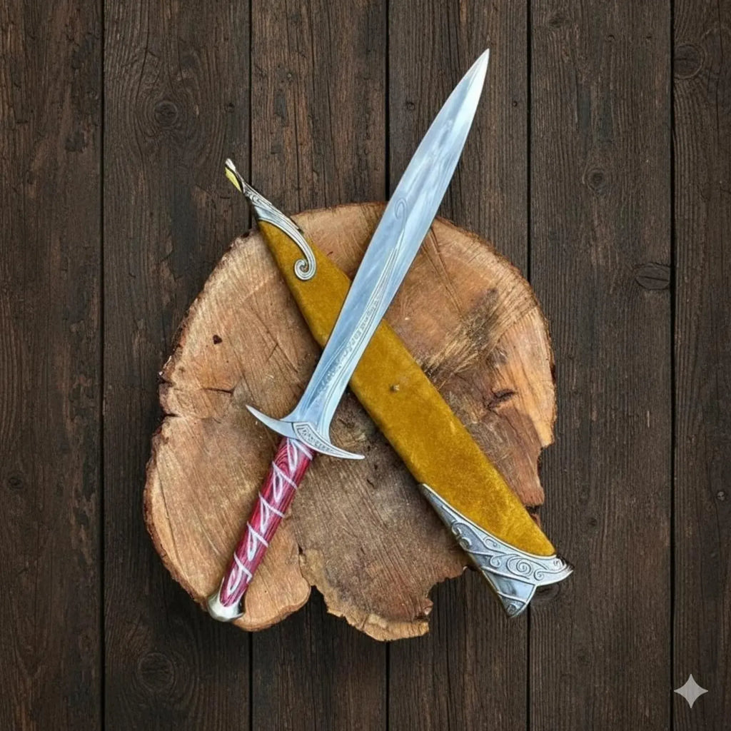 Handmade Fantasy Short Sword Replica with Engraved Blade & Red Wrapped Handle