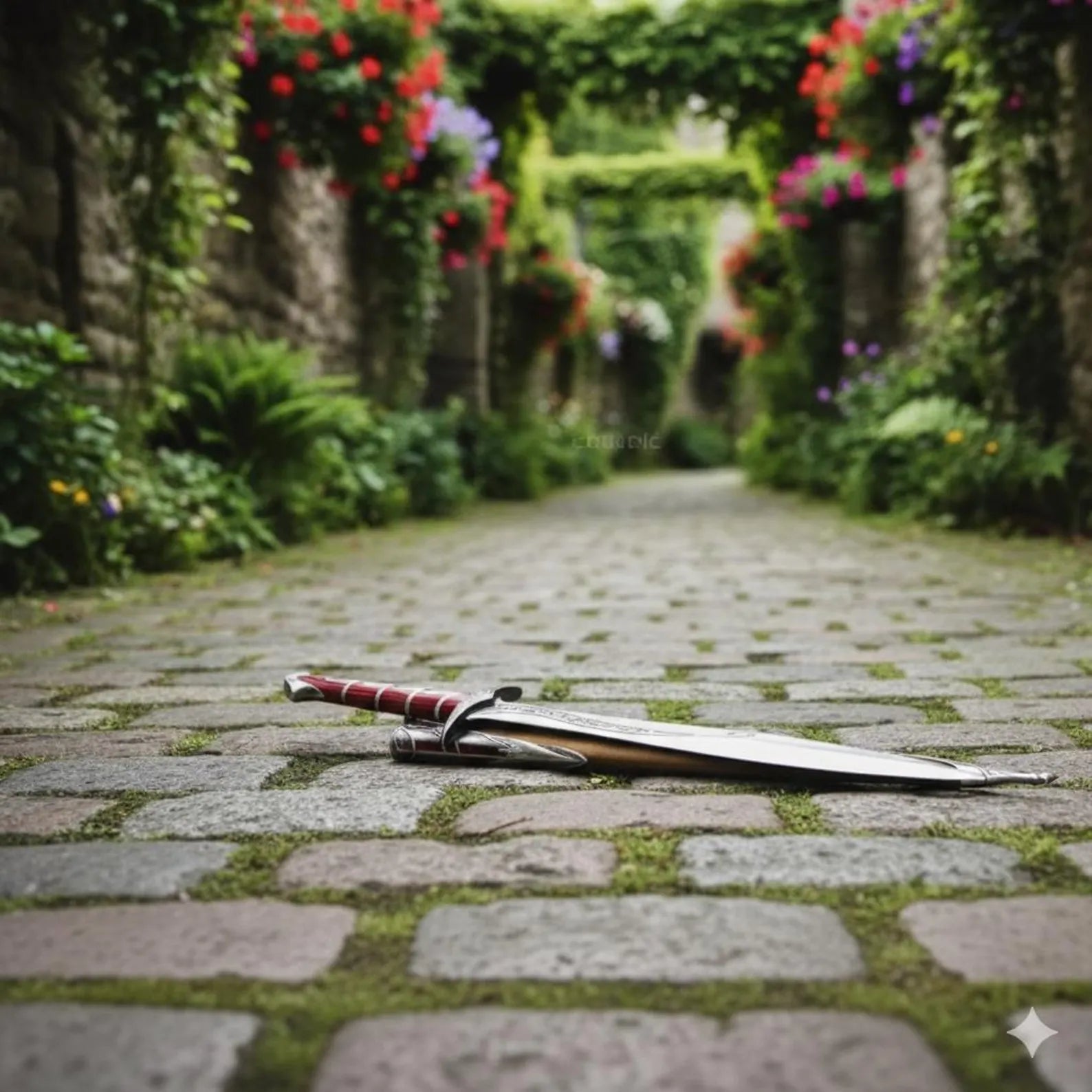 Handmade Fantasy Short Sword Replica with Engraved Blade & Red Wrapped Handle