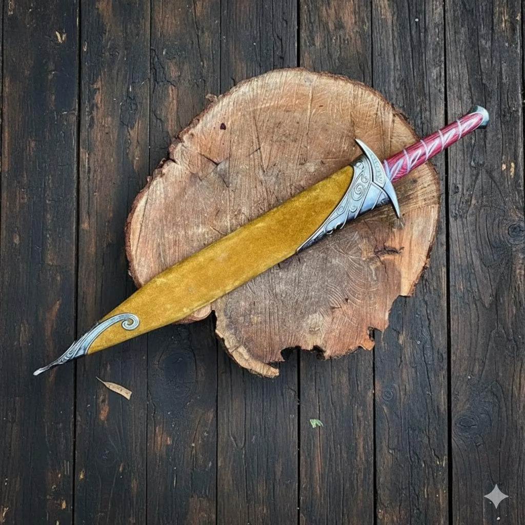 Handmade Fantasy Short Sword Replica with Engraved Blade & Red Wrapped Handle