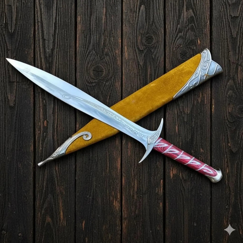 Handmade Fantasy Short Sword Replica with Engraved Blade & Red Wrapped Handle