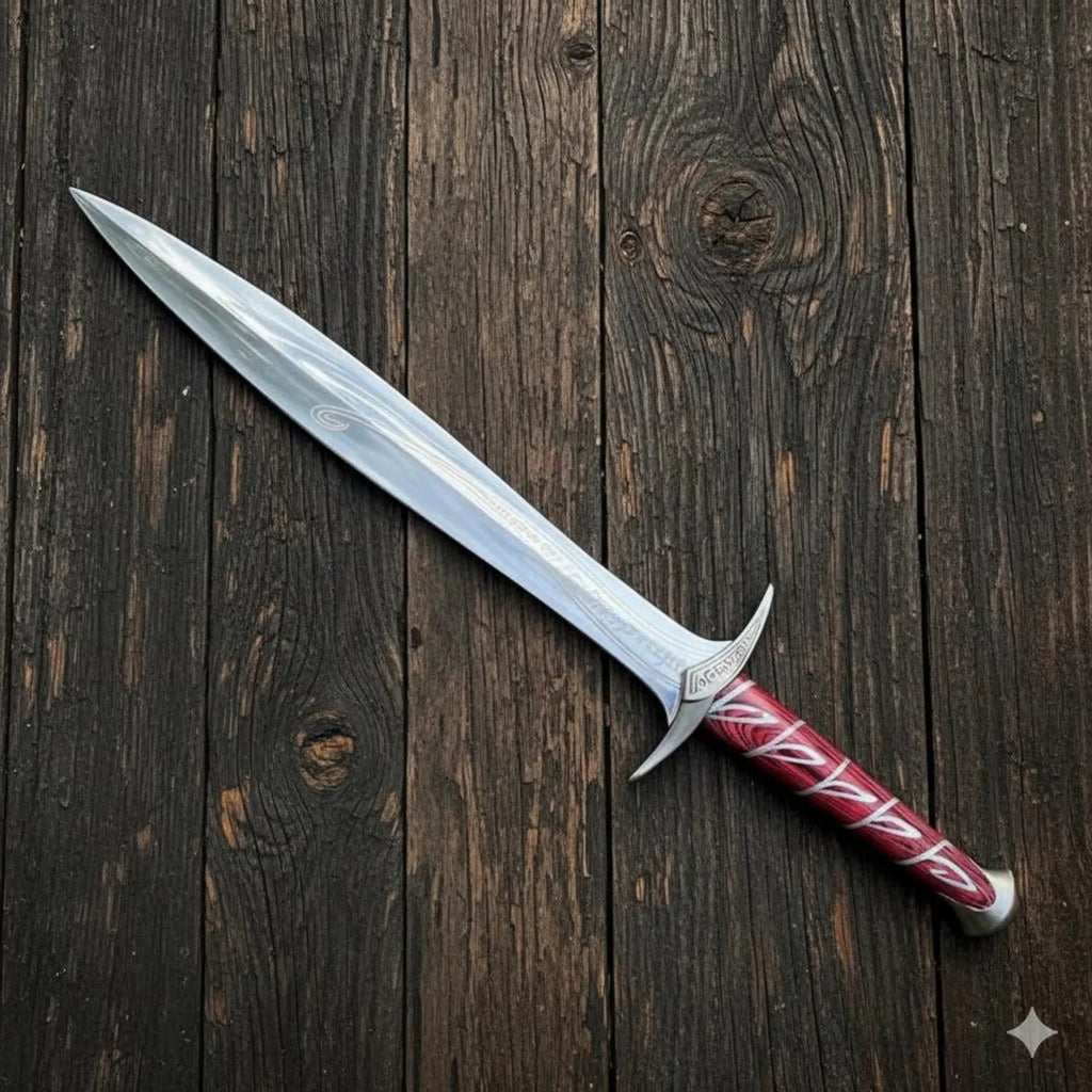 Handmade Fantasy Short Sword Replica with Engraved Blade & Red Wrapped Handle