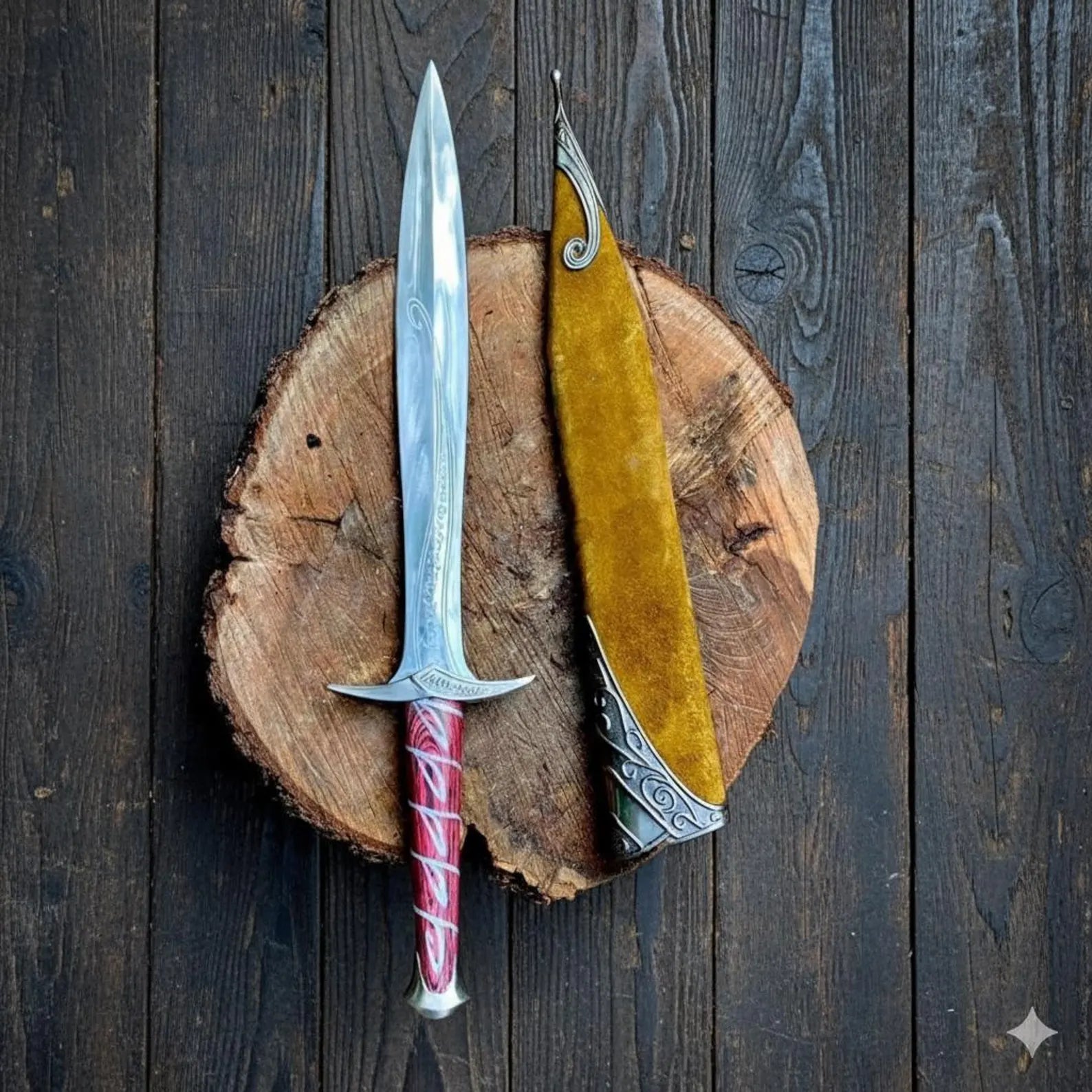 Handmade Fantasy Short Sword Replica with Engraved Blade & Red Wrapped Handle