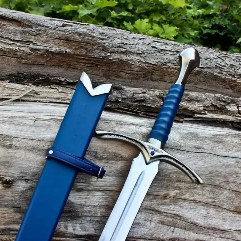 Handmade Blue and Black Hilt Medieval Longsword Replica | Stainless Steel Blade with Scabbard | Decorative Fantasy Sword Collectible
