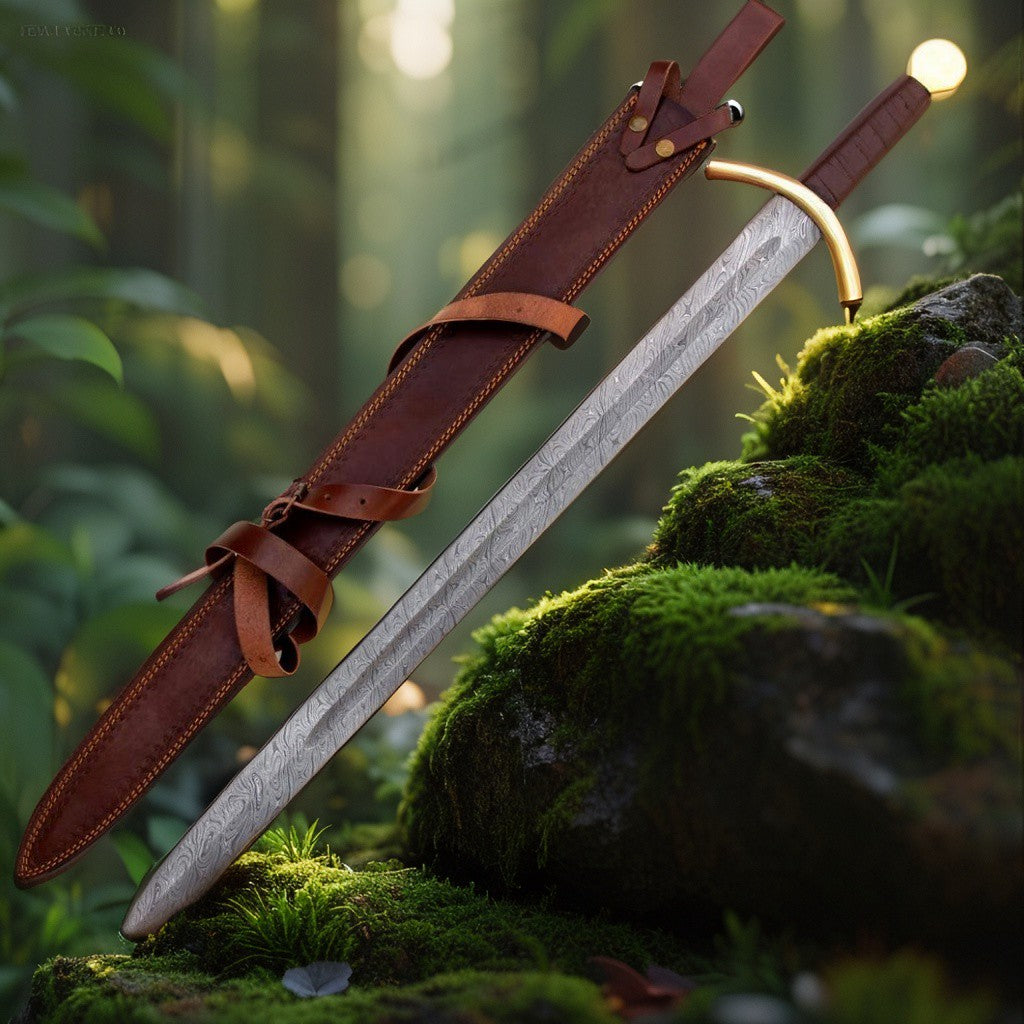 Handmade Damascus Steel Arming Style Sword – Medieval Design with Leather Sheath