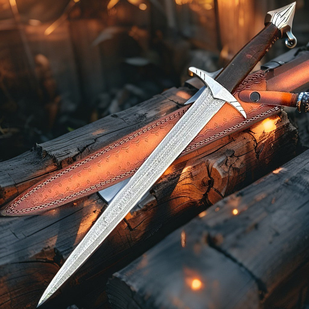 Damascus Steel Double Edge Short Sword – Handmade Medieval Style with Leather Sheath