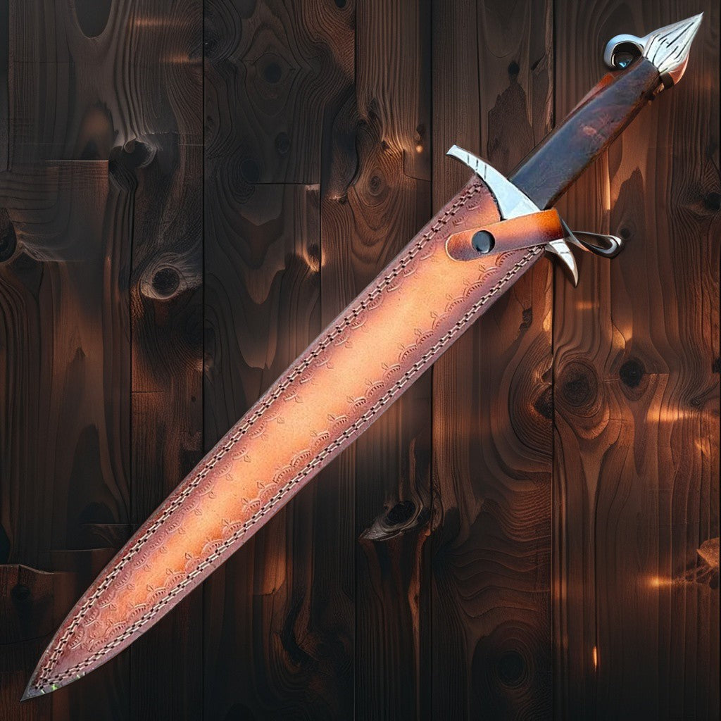 Damascus Steel Double Edge Short Sword – Handmade Medieval Style with Leather Sheath