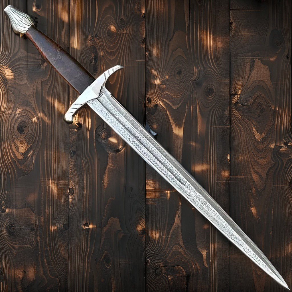 Damascus Steel Double Edge Short Sword – Handmade Medieval Style with Leather Sheath