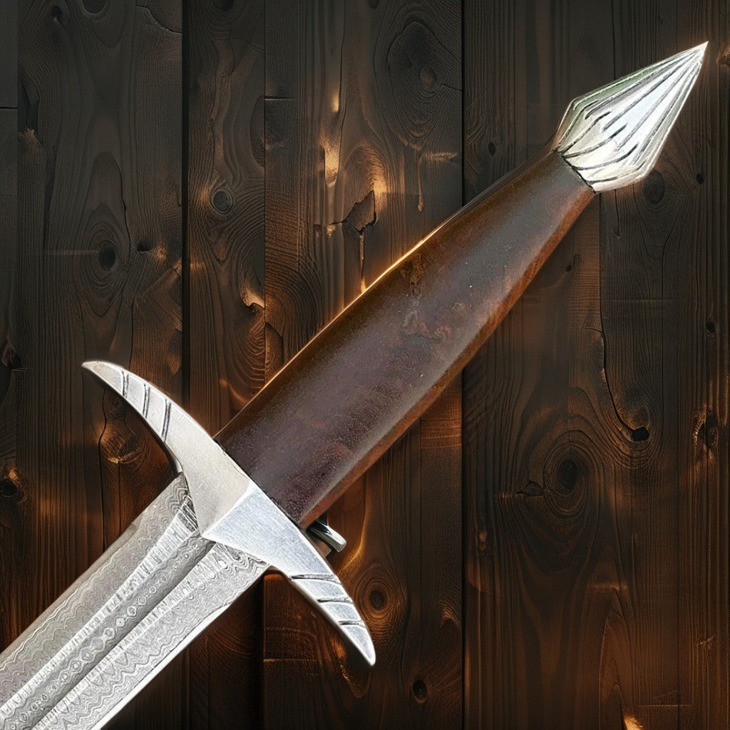 Damascus Steel Double Edge Short Sword – Handmade Medieval Style with Leather Sheath