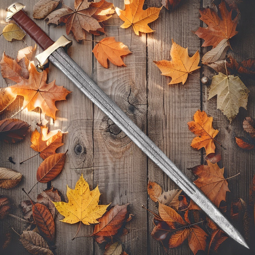 Handmade Damascus Steel Viking Warrior Sword with Leather Sheath | Authentic Hand-Forged Medieval Replica Blade for Collectors and Display