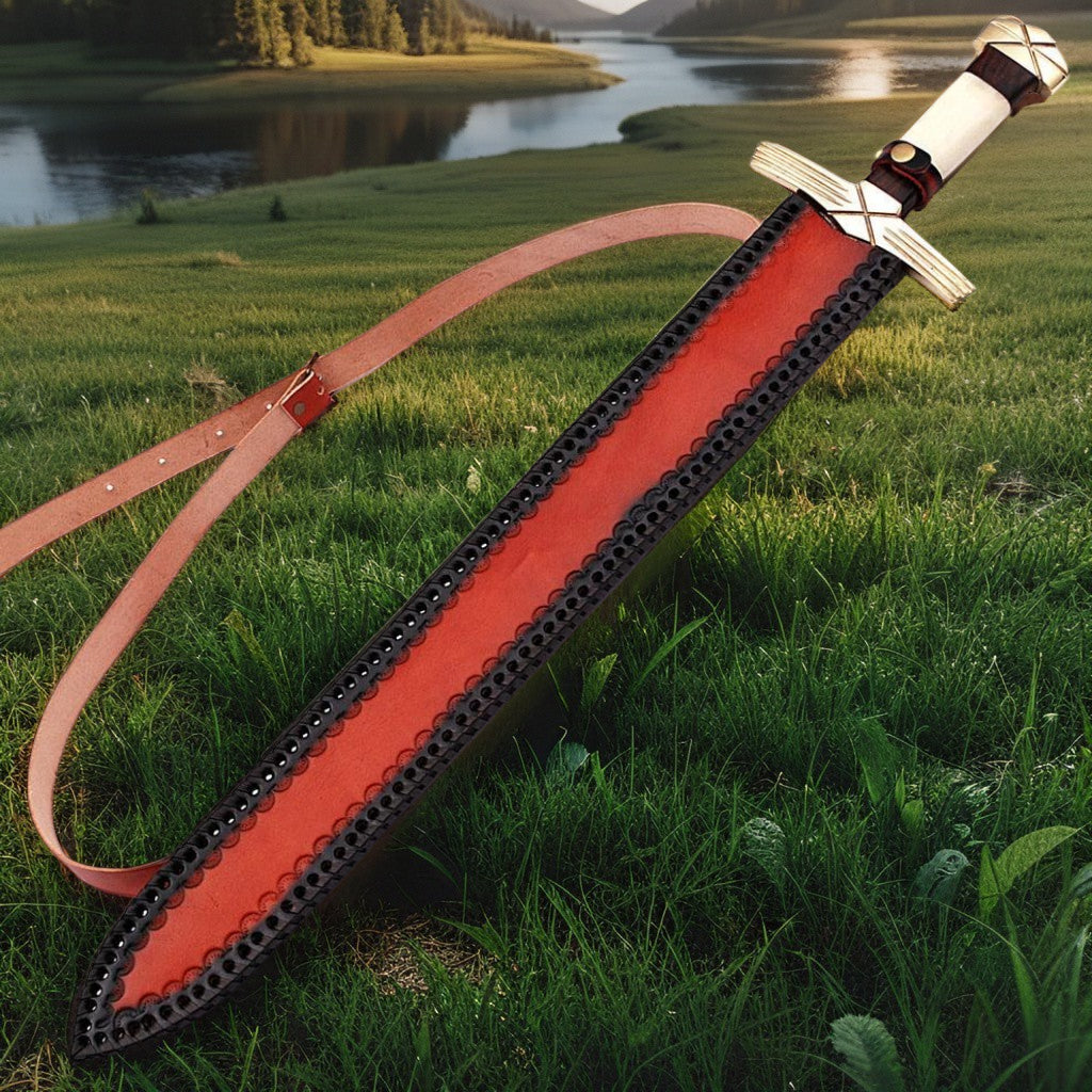 Handmade Damascus Steel Formidable King Pattern Viking Sword with Leather Sheath | Collectible Medieval Replica Blade