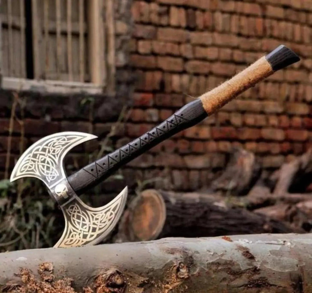 Handmade Viking Double-Headed Battle Axe | Norse Engraved Axe with Leather Sheath | Medieval Warrior Collectible Axe