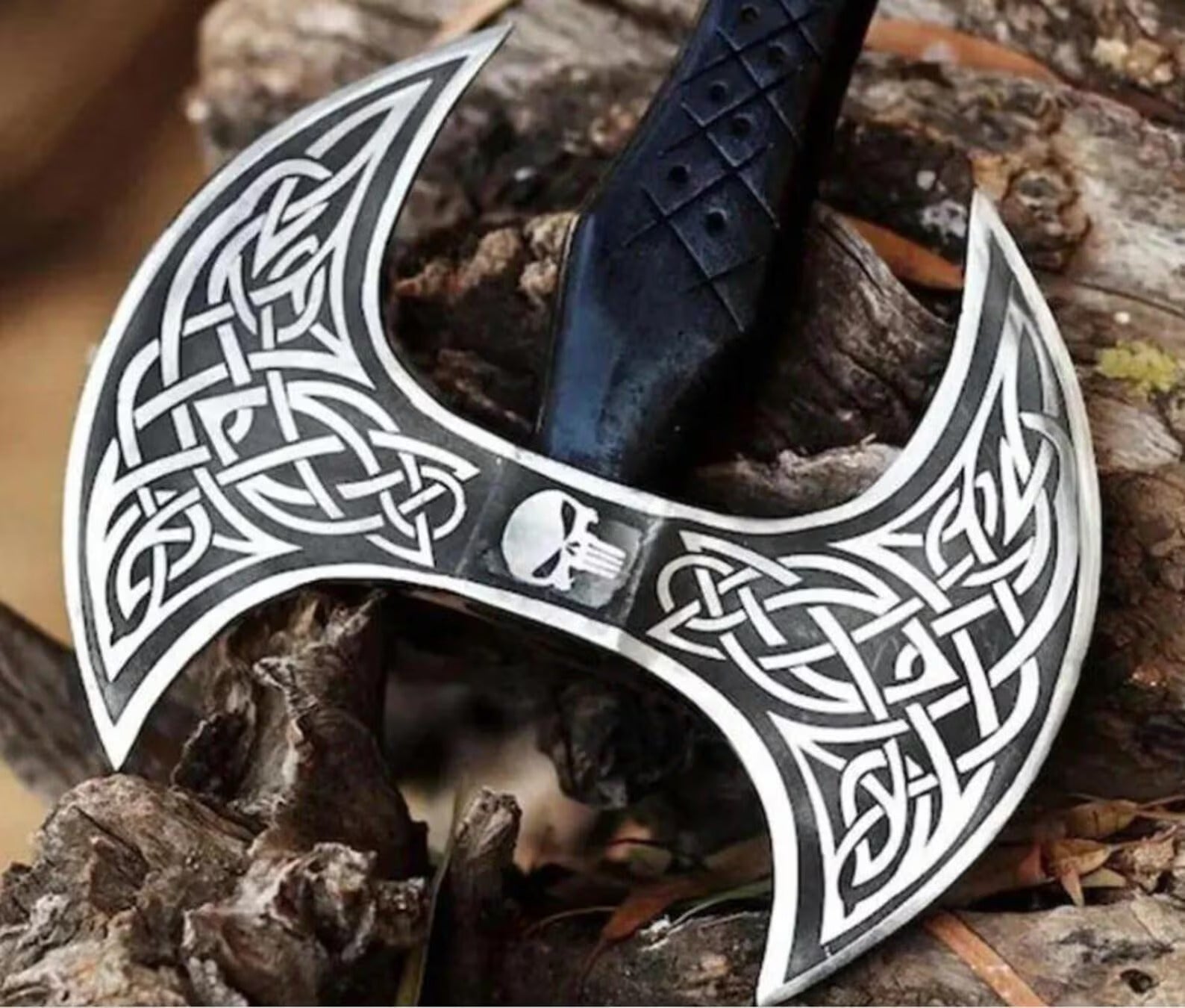 Handmade Viking Double-Headed Battle Axe | Norse Engraved Axe with Leather Sheath | Medieval Warrior Collectible Axe