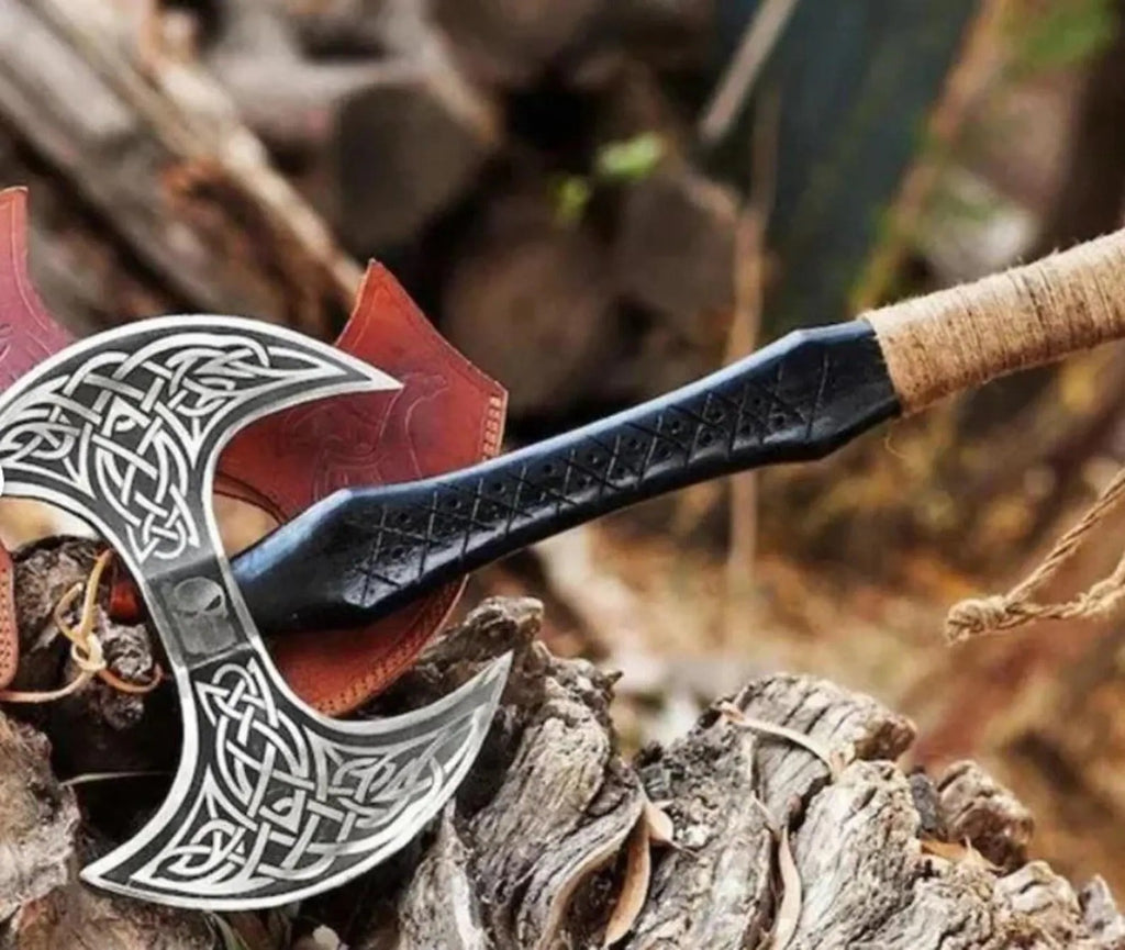 Handmade Viking Double-Headed Battle Axe | Norse Engraved Axe with Leather Sheath | Medieval Warrior Collectible Axe