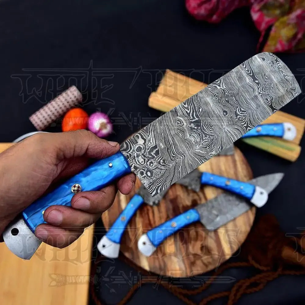 Handmade Damascus Steel Chef Knife: Blue Resin Handle, Professional Kitchen Cutlery
